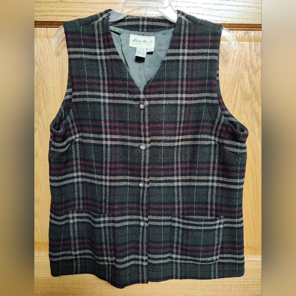 EUC Eddie Bauer Women's Vintage Plaid Wool Button-Up Vest, Large